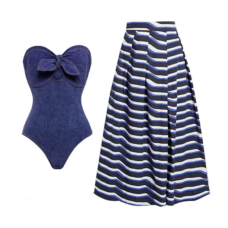 bow-front strapless one-piece with striped wrap skirt – RIVIERA