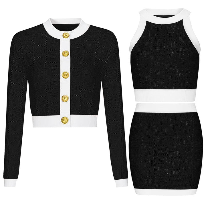 three-piece crochet knit set with contrast trim – LARISSAP