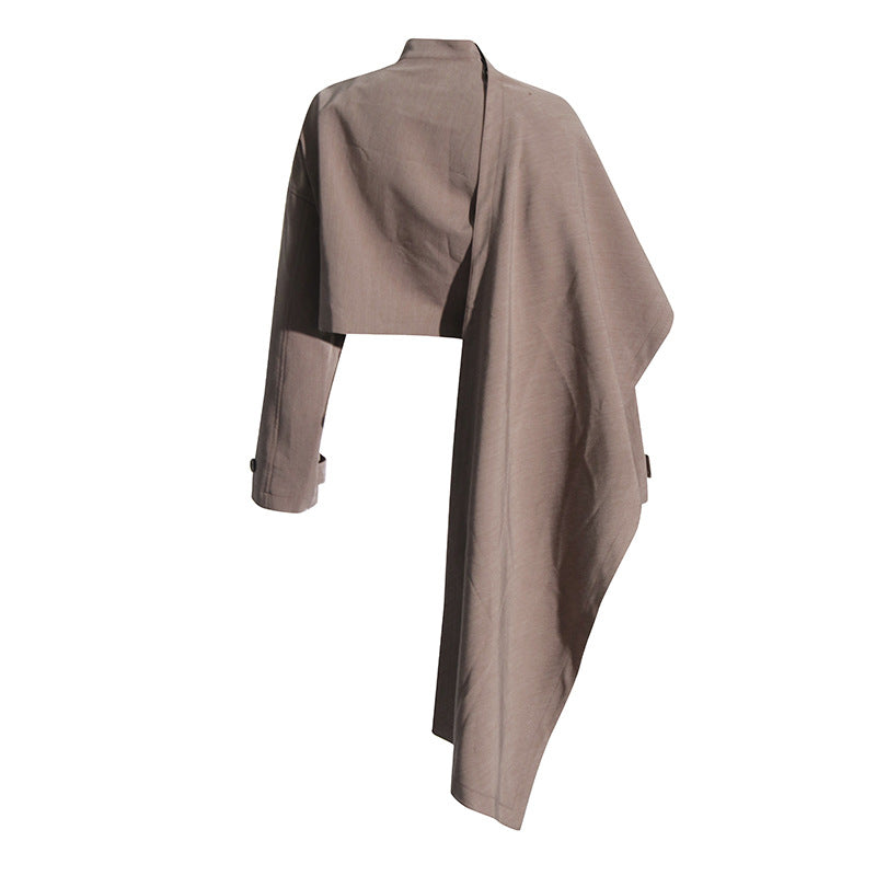 asymmetric layered tailored set with cape-style overlay – TAUPE