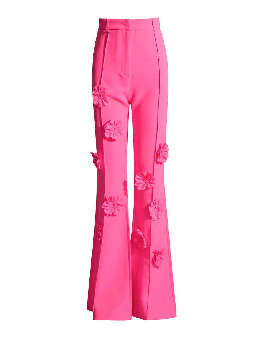 High-waist flared trousers with 3D floral appliqué – FUCHSIA