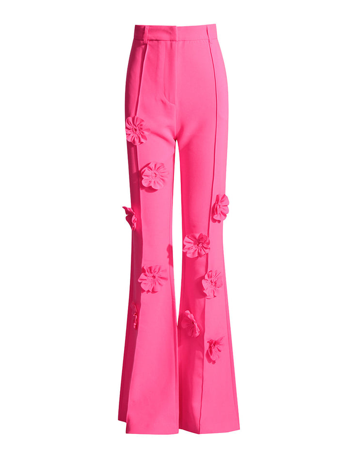 High-waist flared trousers with 3D floral appliqué – FUCHSIA