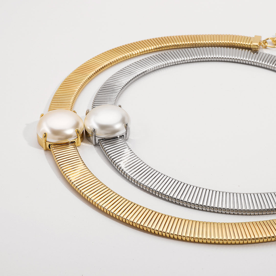 structured choker necklace with oversized pearl center - DORAZ