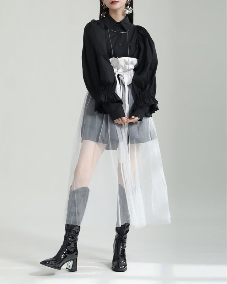 sheer tulle overlay skirt with voluminous shirt and corset belt - YUMI