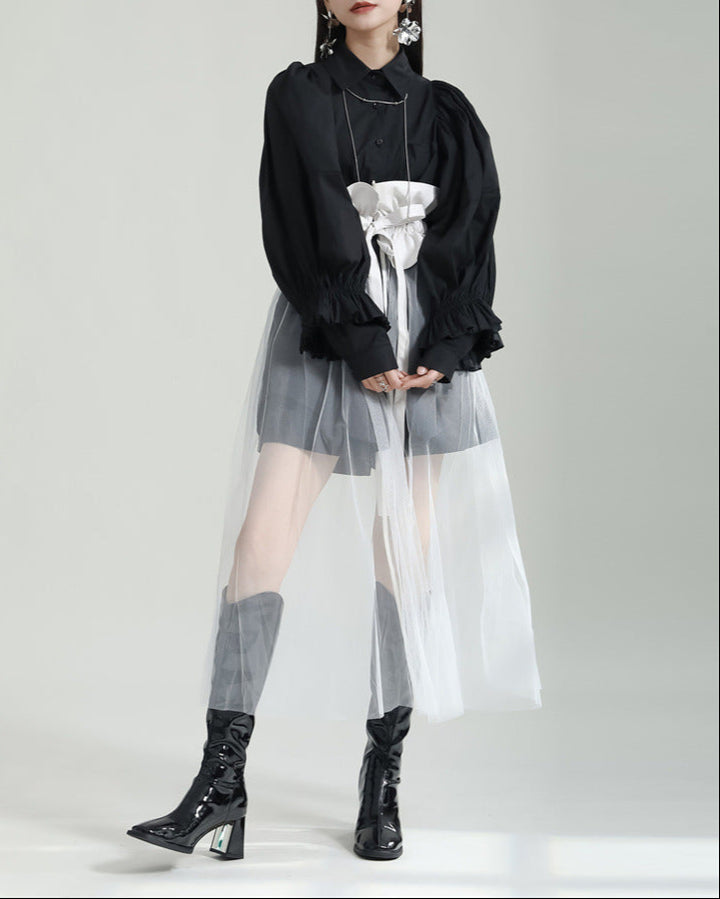 sheer tulle overlay skirt with voluminous shirt and corset belt - YUMI