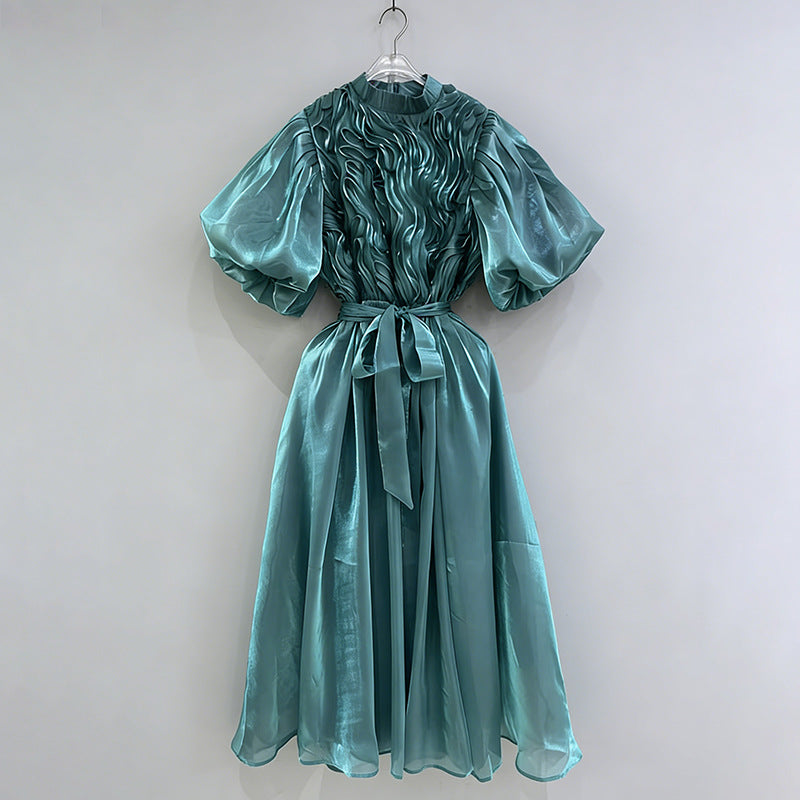 puff sleeve midi dress with textured bodice and belt – ROSELLA