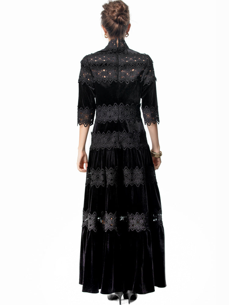 velvet maxi dress with lace panels and high neck – RUBINA