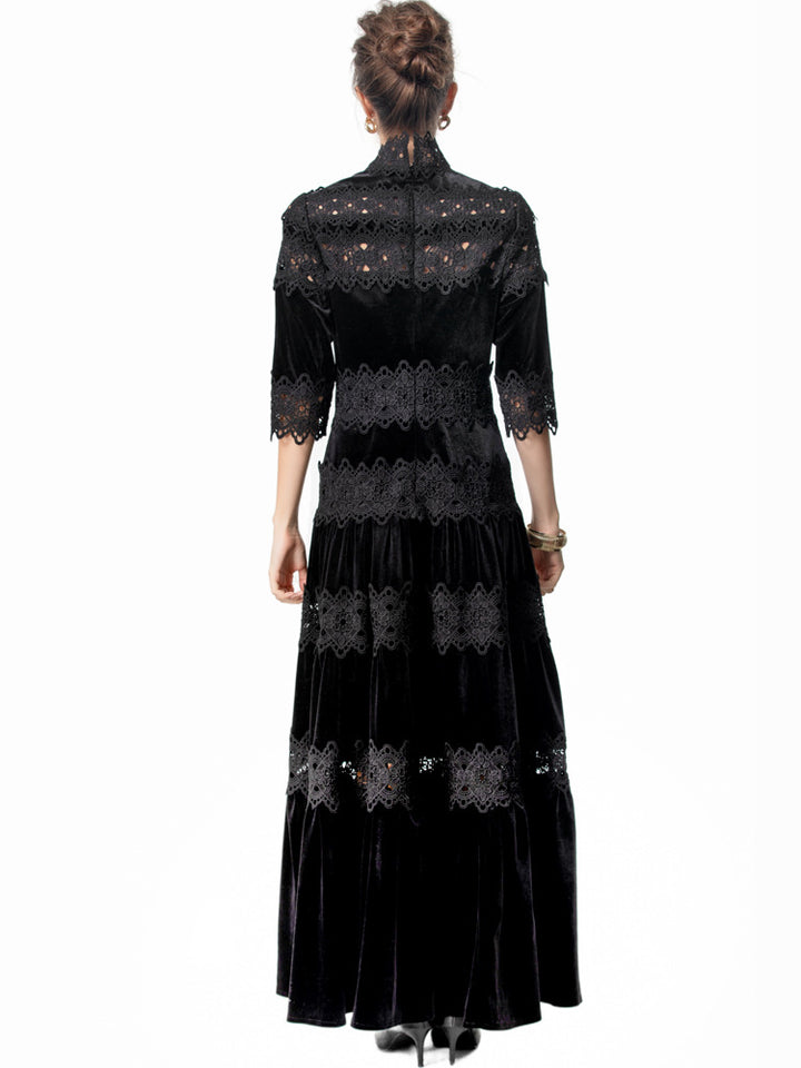 velvet maxi dress with lace panels and high neck – RUBINA