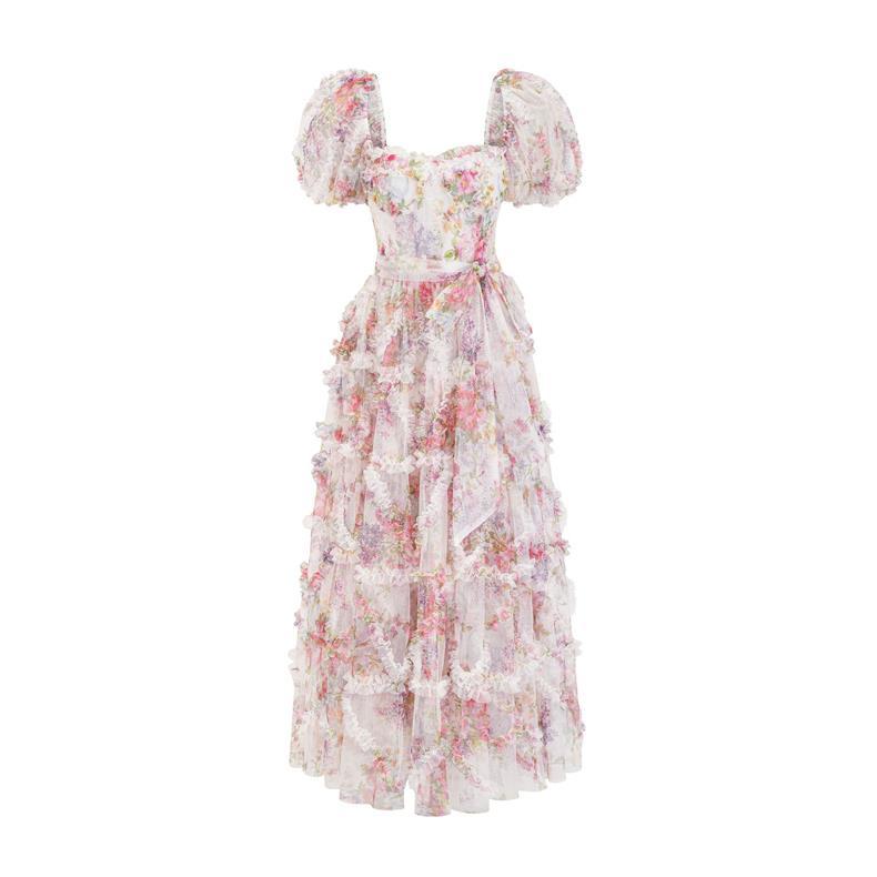 floral tulle midi dress with puff sleeves and waist tie – ELIORA