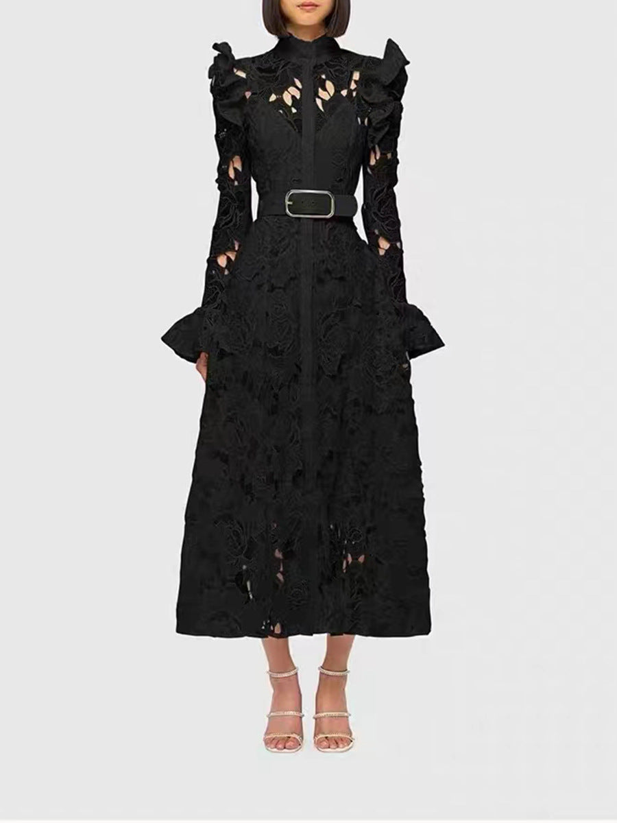 ODD- long-sleeve lace midi dress with belt – Tesoro