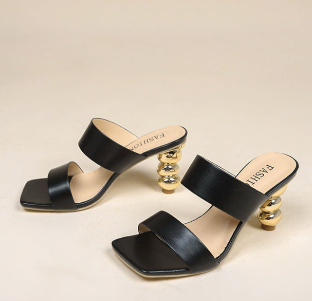 double strap mule sandals with sculpted metallic heel - FIORAZU