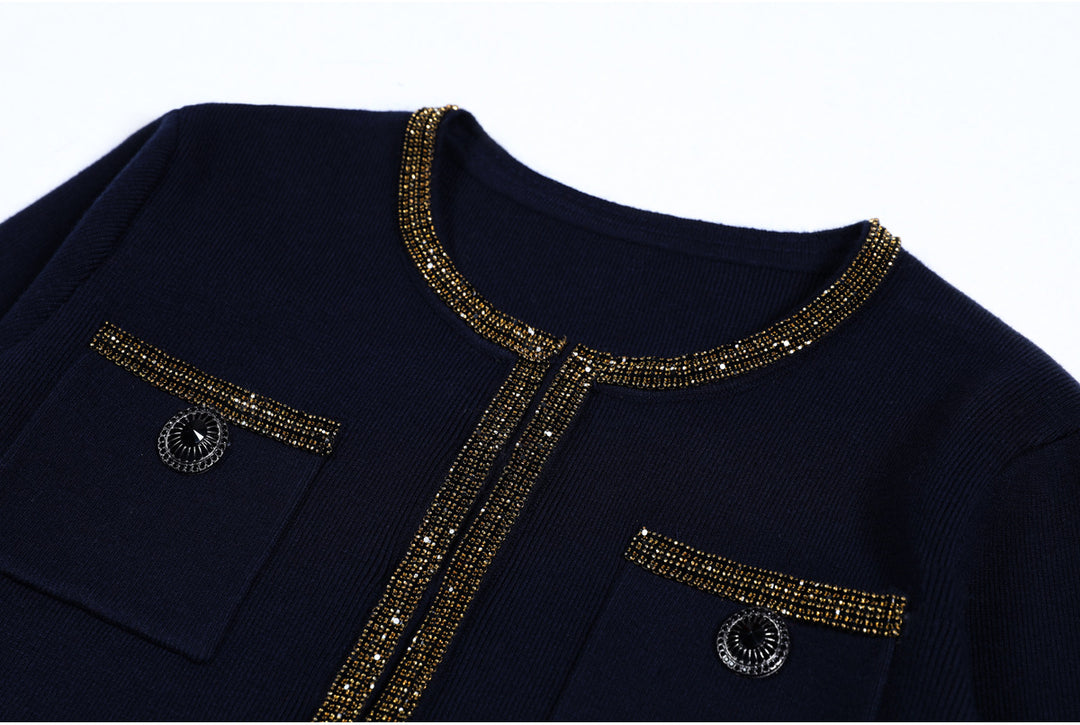 long-sleeve tweed jacket and pencil skirt set with metallic trim - NOVADRO