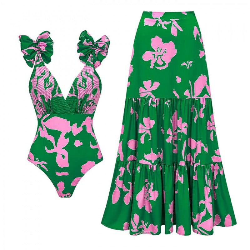 bow-strap floral swimsuit with tiered maxi skirt – ELADWY