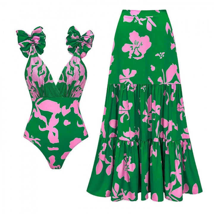 bow-strap floral swimsuit with tiered maxi skirt – ELADWY