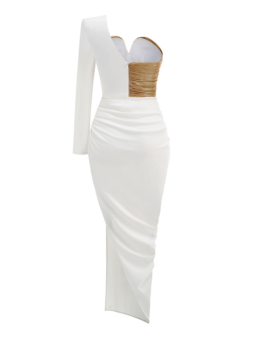 one-shoulder sculpted midi dress with ruched contrast panel and floral accent – AUREA