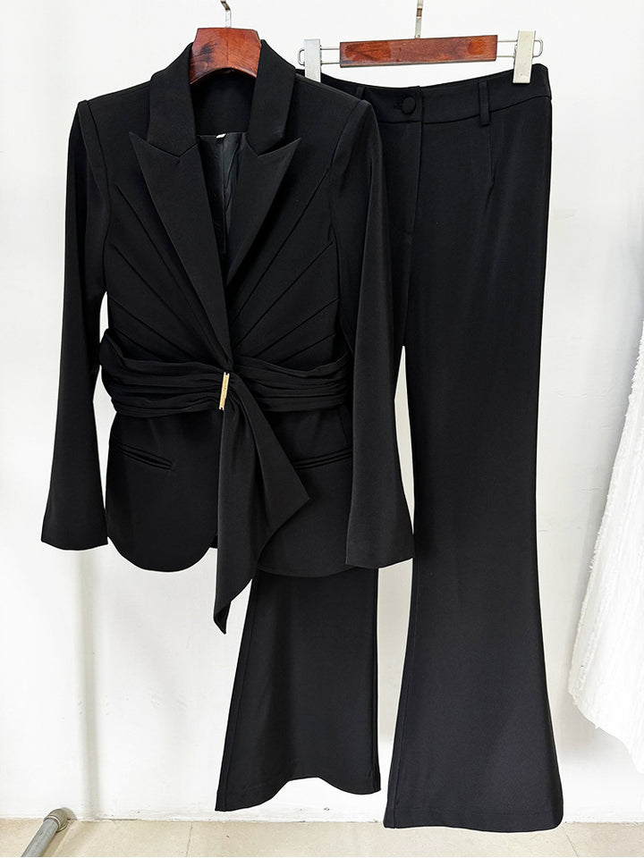 Draped belted blazer broekenset met uitlopende pijpen – Vronik 