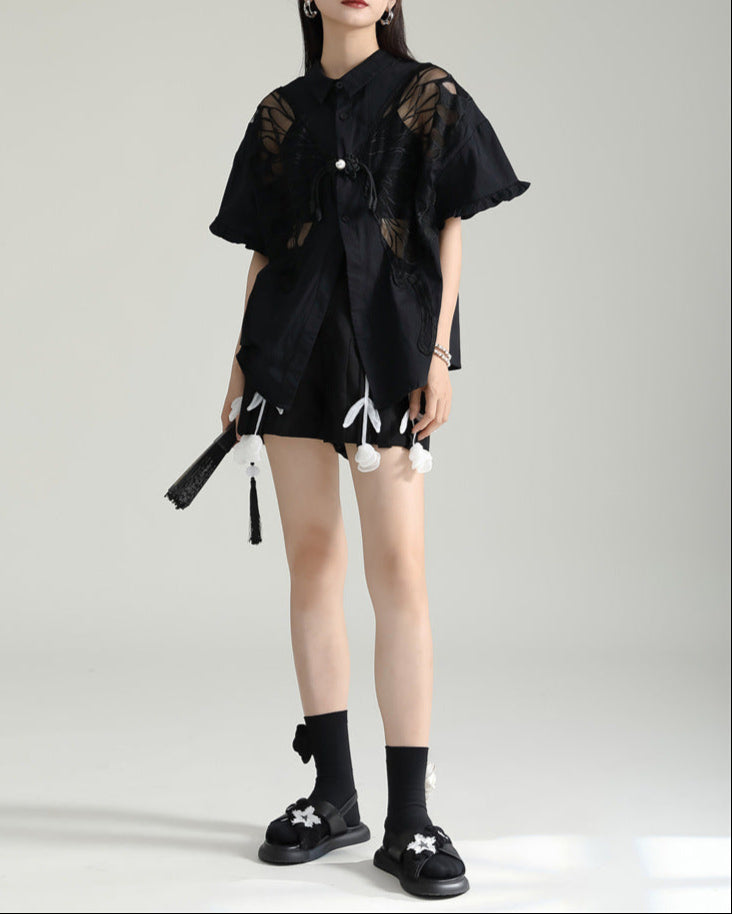 short-sleeve shirt with butterfly mesh applique - Virwe