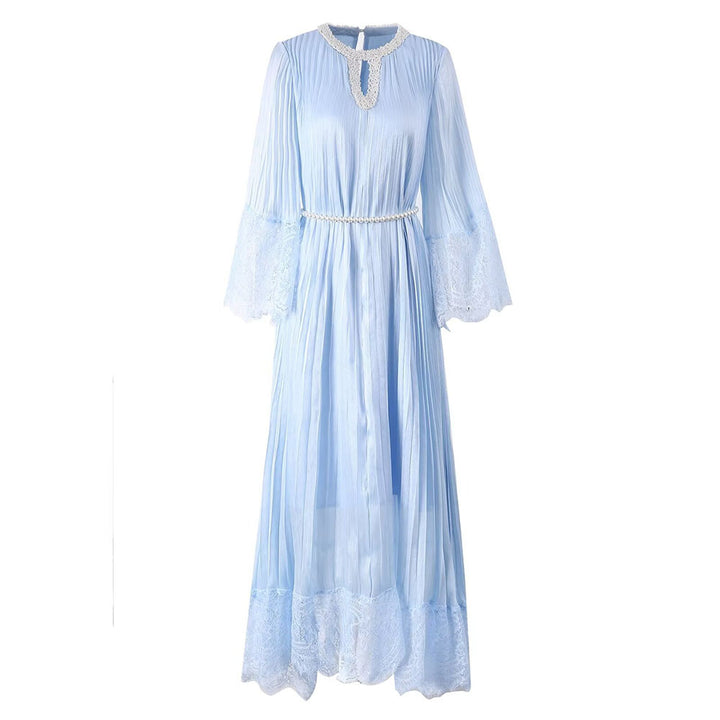Pleated Maxi Dress with Lace Trim and Pearl Belt – BLUSHERA