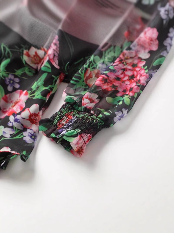 chiffon midi dress with floral print and bow neck – FLORA