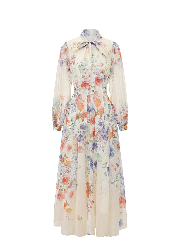 long sleeve floral chiffon dress with neck tie and belted waist – BLOSSOM