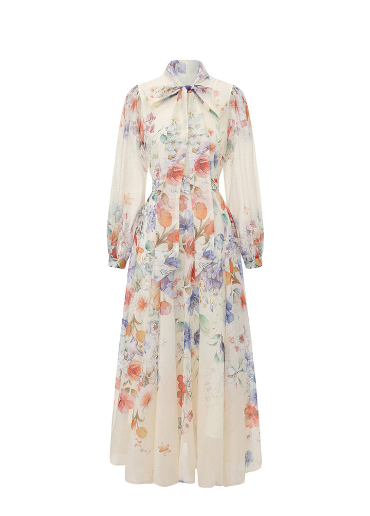 long sleeve floral chiffon dress with neck tie and belted waist – BLOSSOM