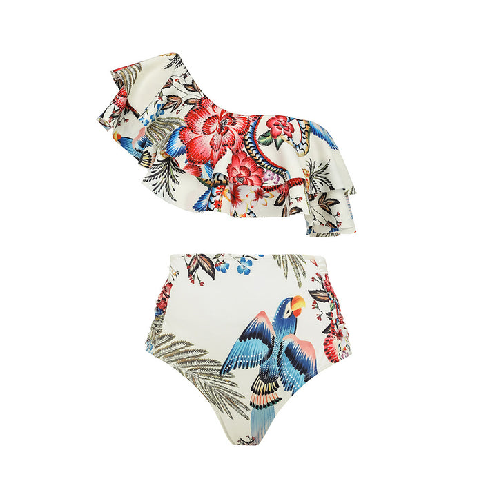 one-shoulder ruffle floral bikini with draped midi skirt – AZURA