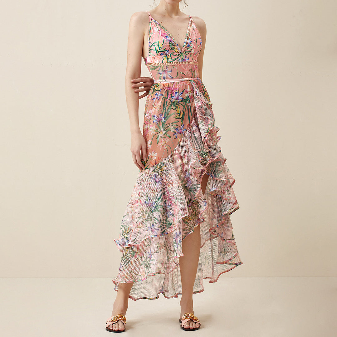 floral plunge one-piece swimsuit with layered mesh ruffle skirt set – PINK