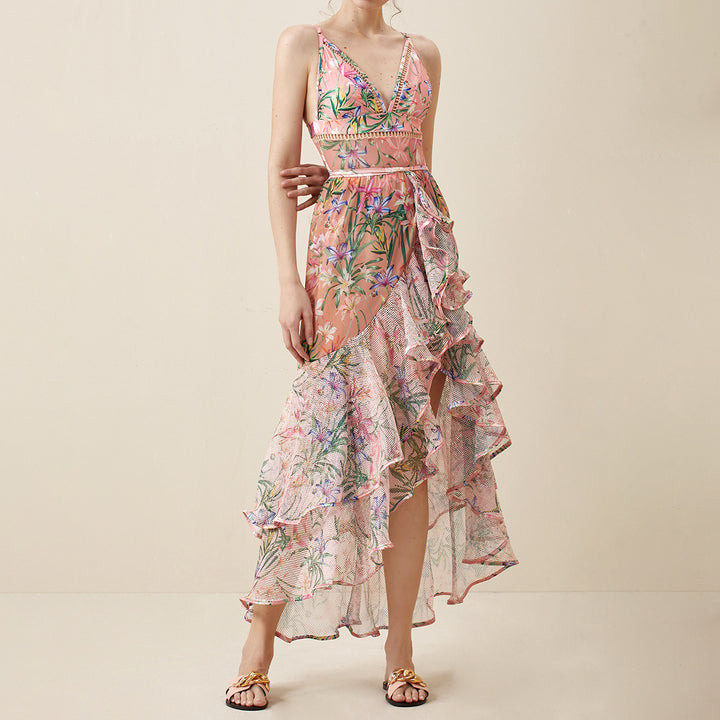 floral plunge one-piece swimsuit with layered mesh ruffle skirt set – PINK