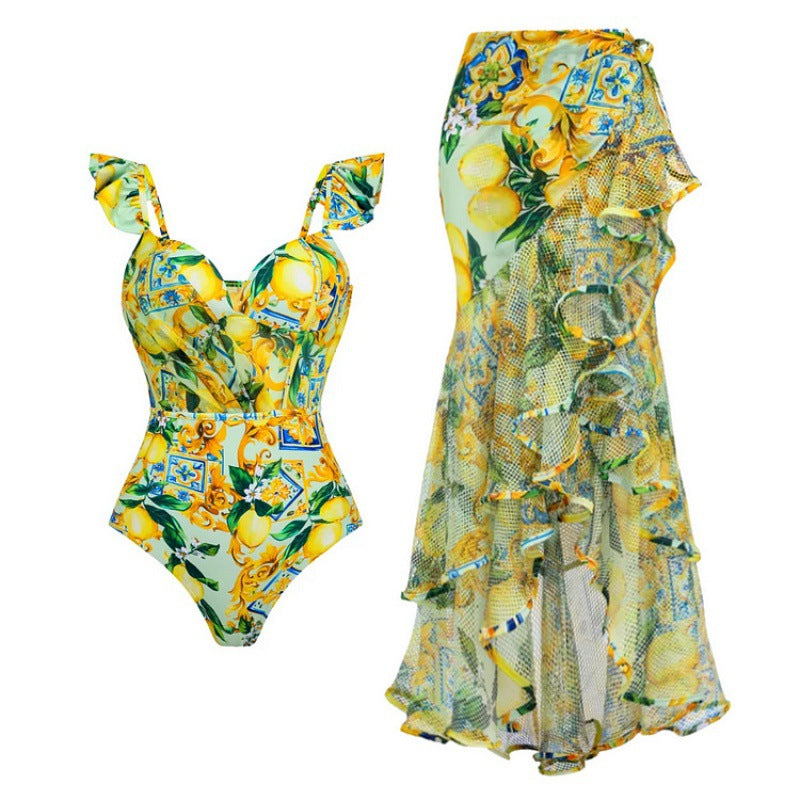 ruffle strap lemon-print swimsuit with mesh wrap skirt – SICILIAN