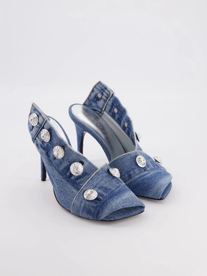 denim slingback heels with crystal buttons – VIVIEN