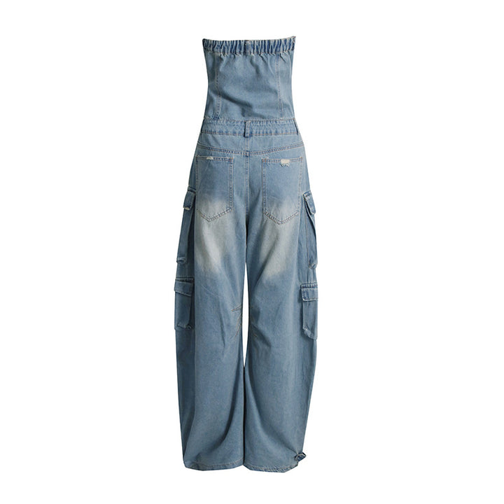 strapless denim cargo jumpsuit with wide-leg design – NOLIVIRA
