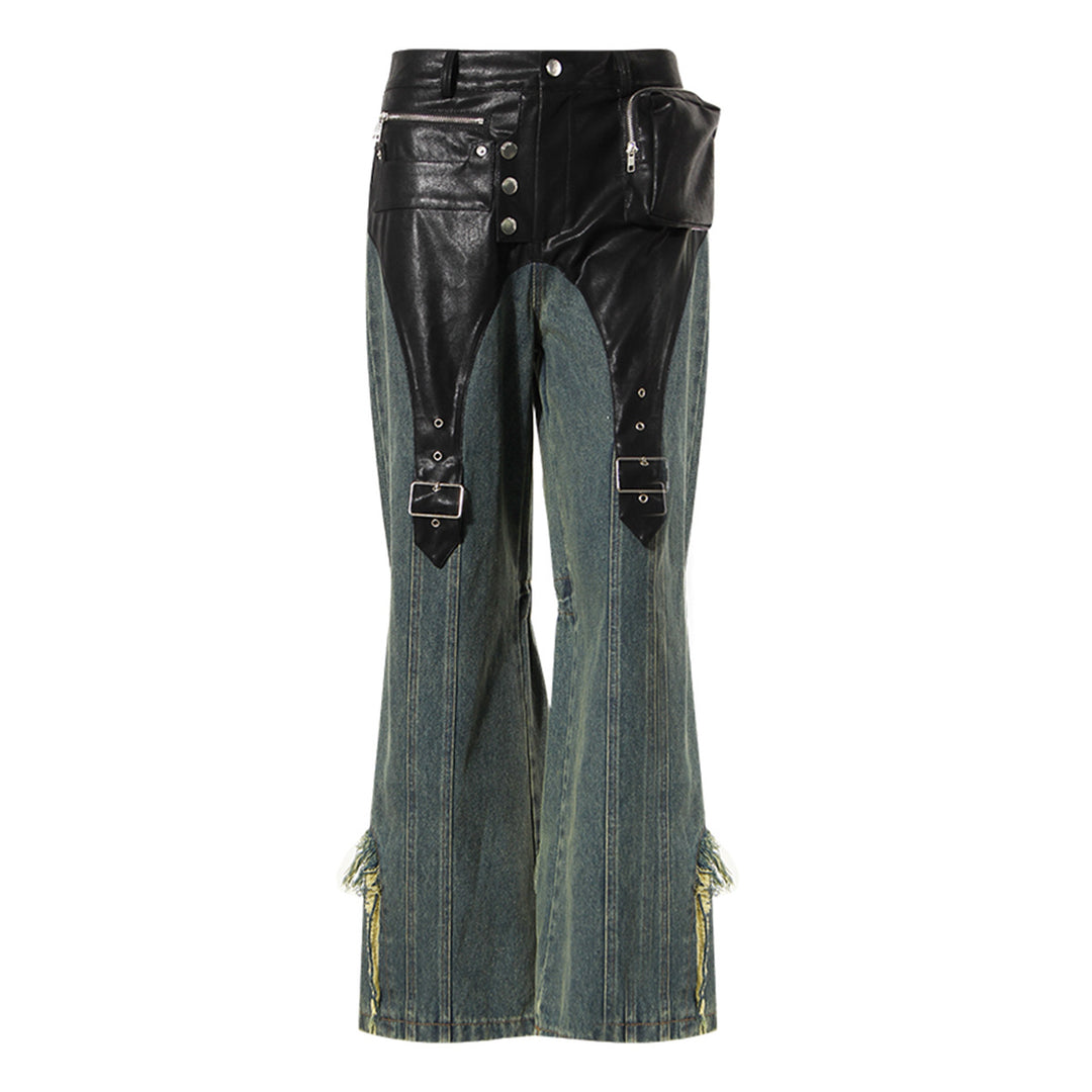 high-waist flared denim pants with leather contrast & utility pocket – RAVEN