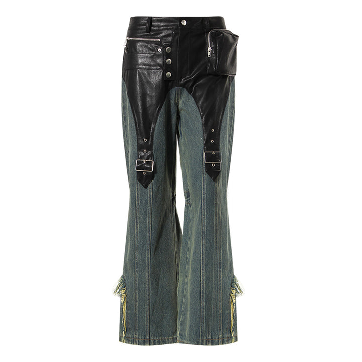 high-waist flared denim pants with leather contrast & utility pocket – RAVEN