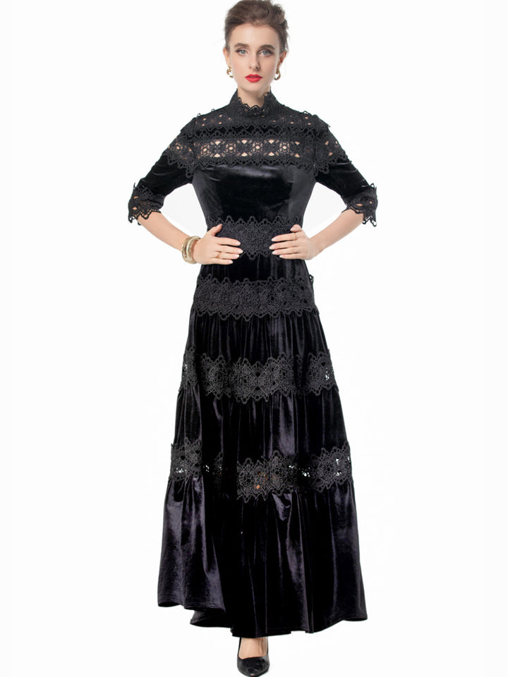 velvet maxi dress with lace panels and high neck – RUBINA