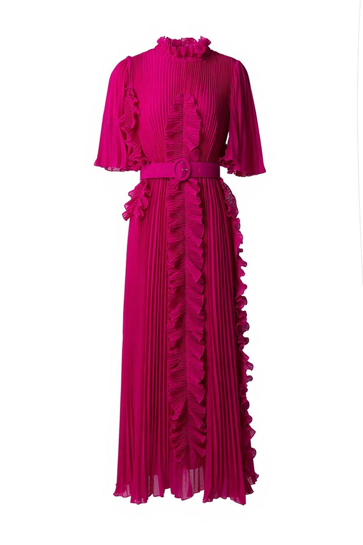 Pleated ruffle-trim maxi dress with belt – VERDENA
