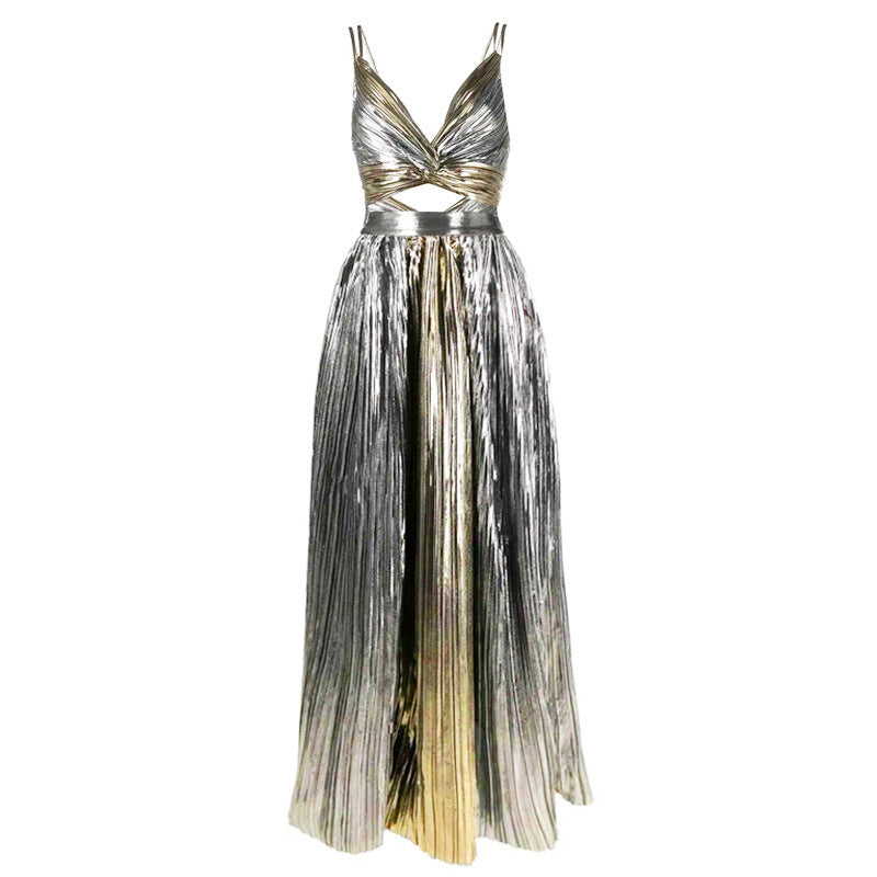 metallic cross-wrap bodice pleated maxi dress – ECLIPSE