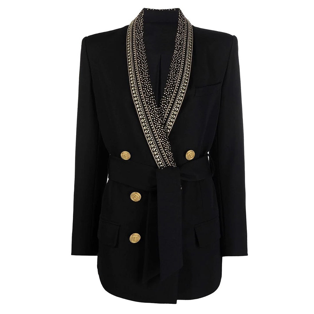 Embellished lapel belted double-breasted blazer – IVORY