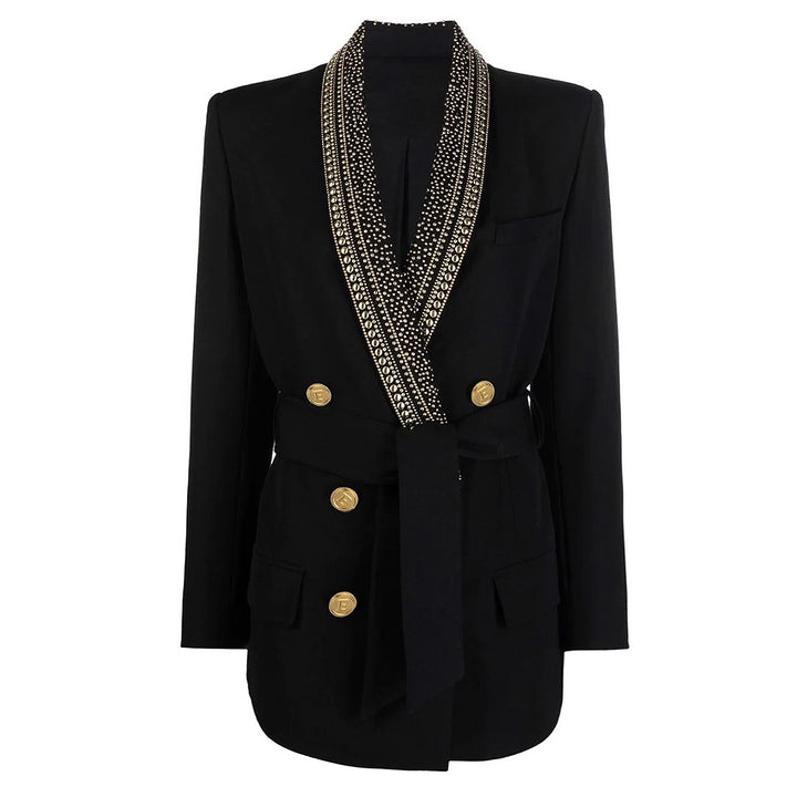 Embellished lapel belted double-breasted blazer – IVORY