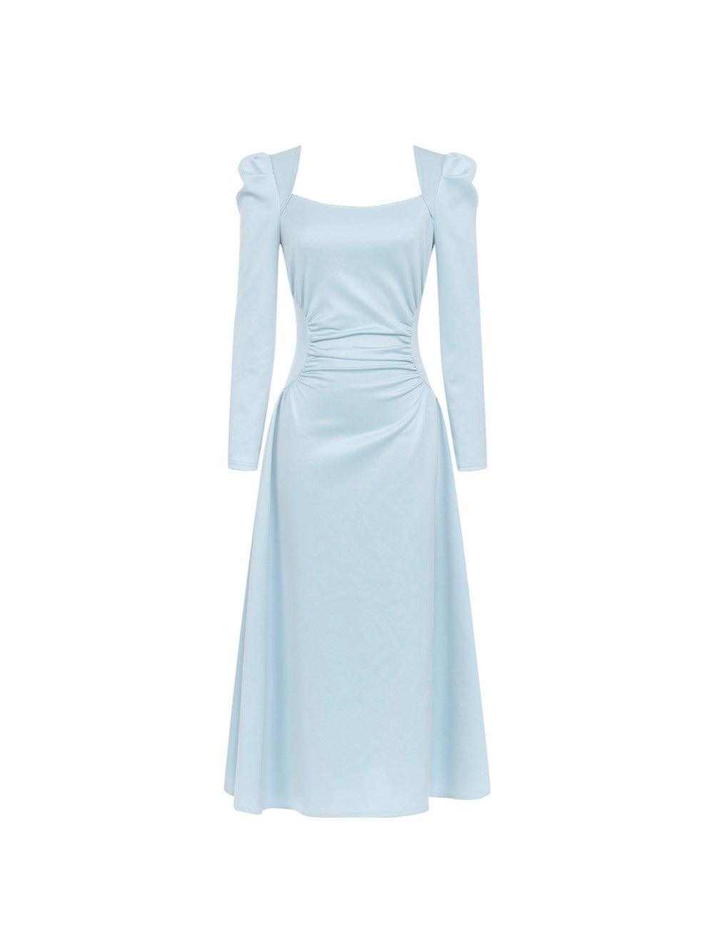 Long-sleeve square-neck midi dress with ruched waist – LUNEA