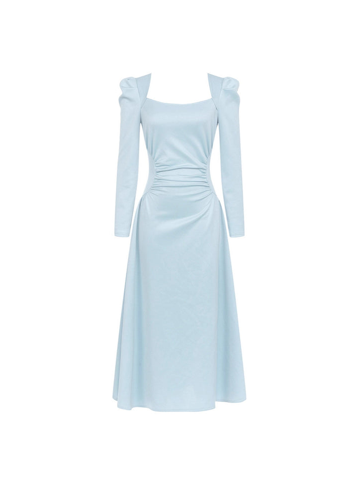 Long-sleeve square-neck midi dress with ruched waist – LUNEA
