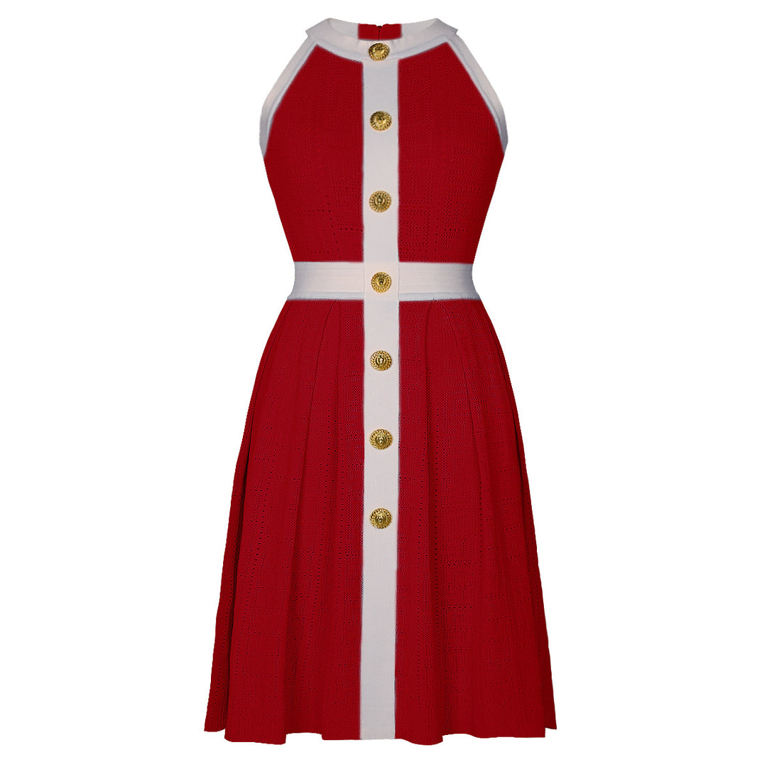sleeveless A-line knit dress with contrast trim and gold buttons – MARINLA