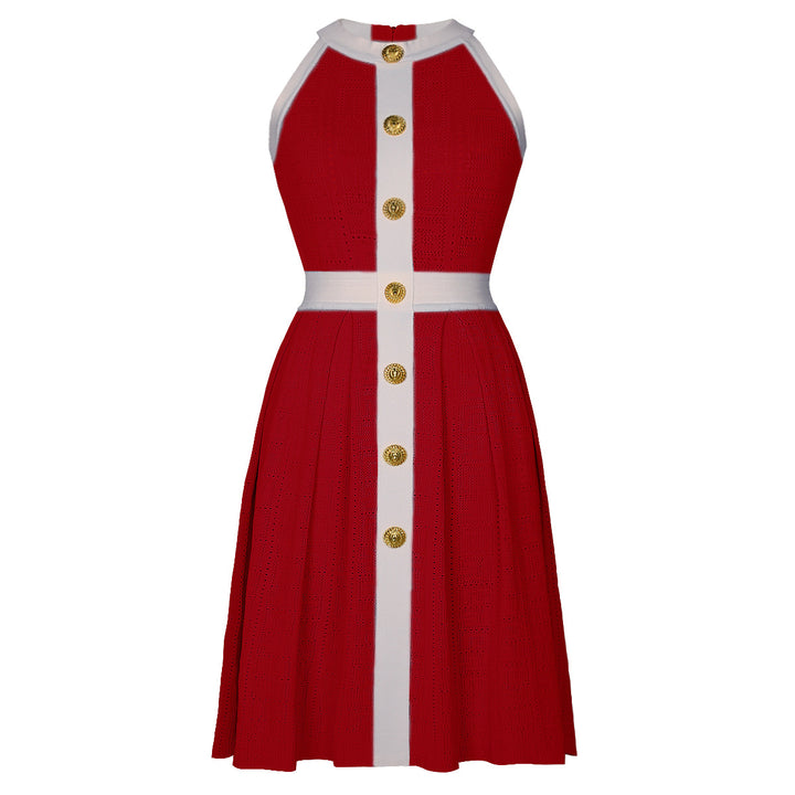 sleeveless A-line knit dress with contrast trim and gold buttons – MARINLA
