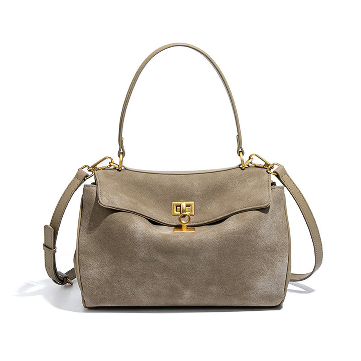 Slate Suede Shoulder Bag with Gold Lock – VÉRONA