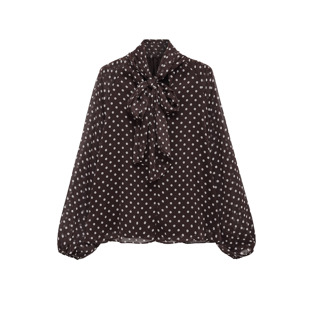 Mocha Polka Dot Bow Blouse - Vintage