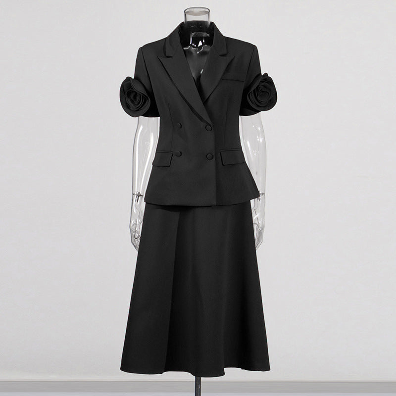 Ensemble jupe blazer à manches courtes avec manches florales 3D – Senfera 