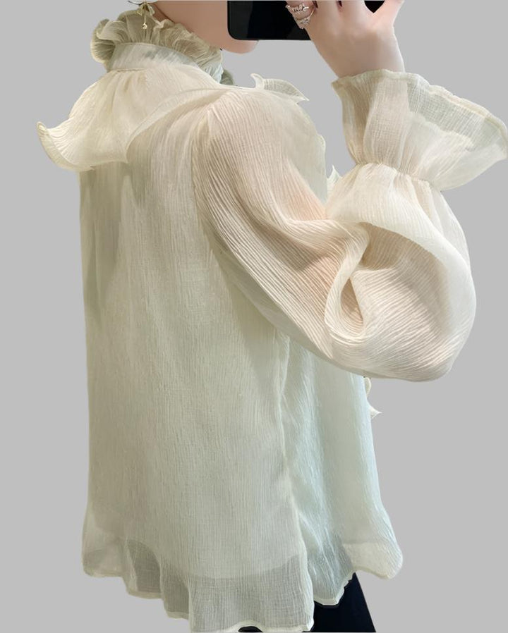 long sleeve ruffled chiffon blouse with stand collar – Tauret