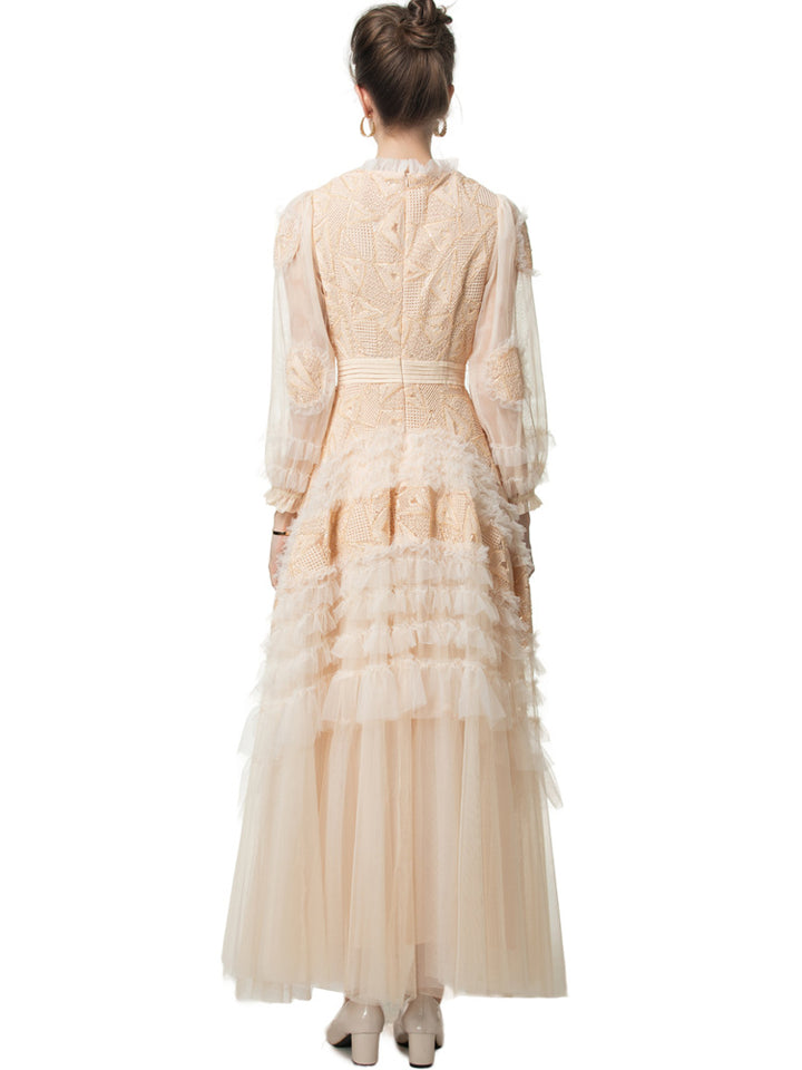 long-sleeve layered gown with tulle and embroidery - IRISWU