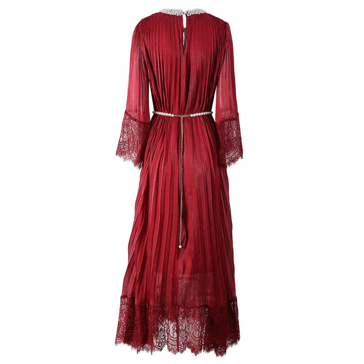 Pleated Maxi Dress with Lace Trim and Pearl Belt – BLUSHERA
