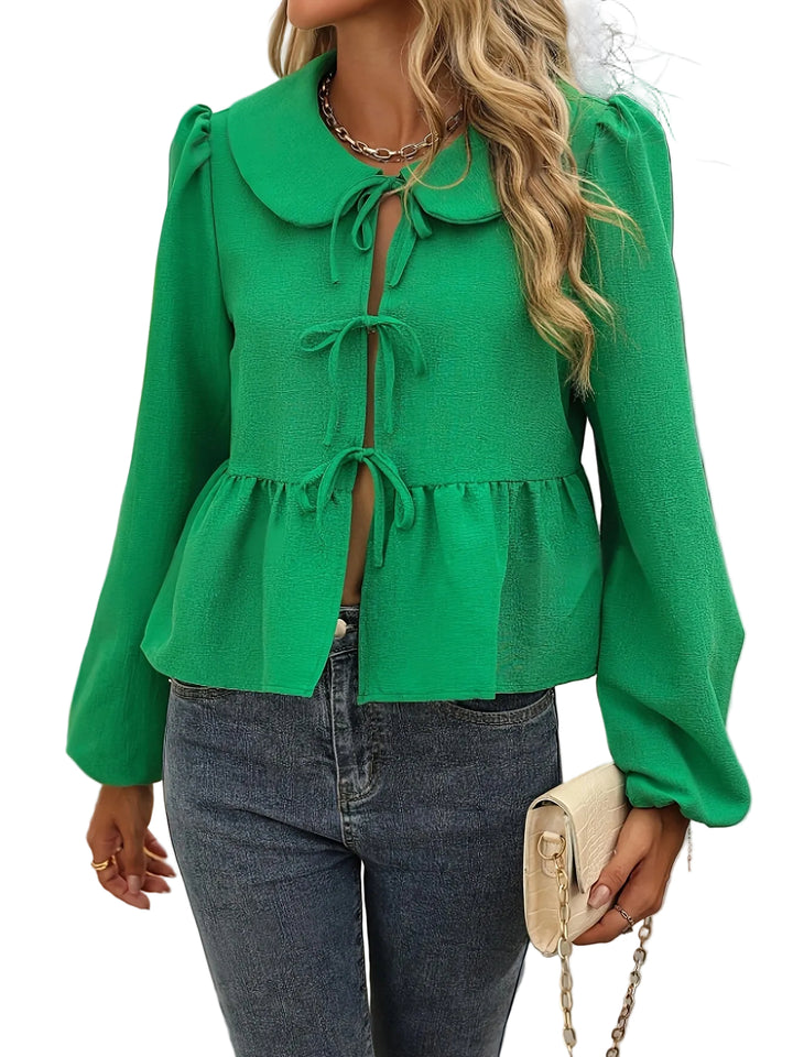 Tie-Front Peplum Blouse with Peter Pan Collar – EMERALD