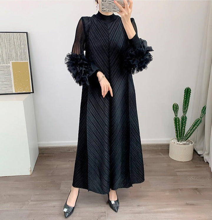 pleated maxi dress with floral cuff sleeves – Volen
