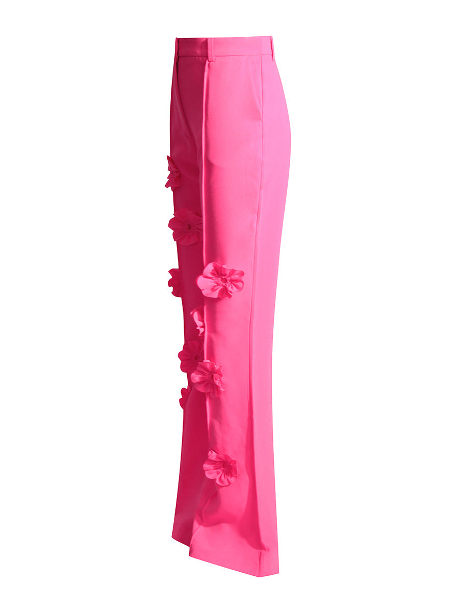High-waist flared trousers with 3D floral appliqué – FUCHSIA